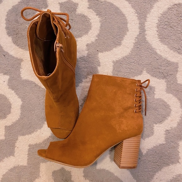 Peep Toe Suede Lace Up Heel Booties 8 - Picture 2 of 5